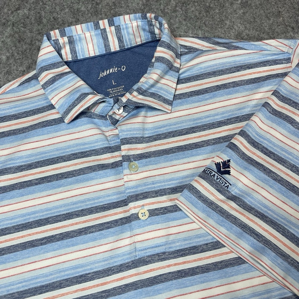 Johnnie O Polo‎ Mens L Blue Multicolor Stripe Mira Vista Embroidered Performance